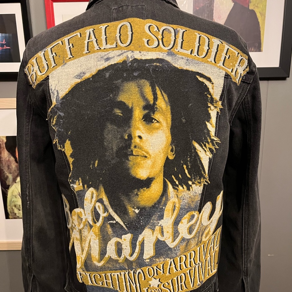 Up-Cycled Bob Marley Buffalo Soldier Black Denim Jacket Women’s Large